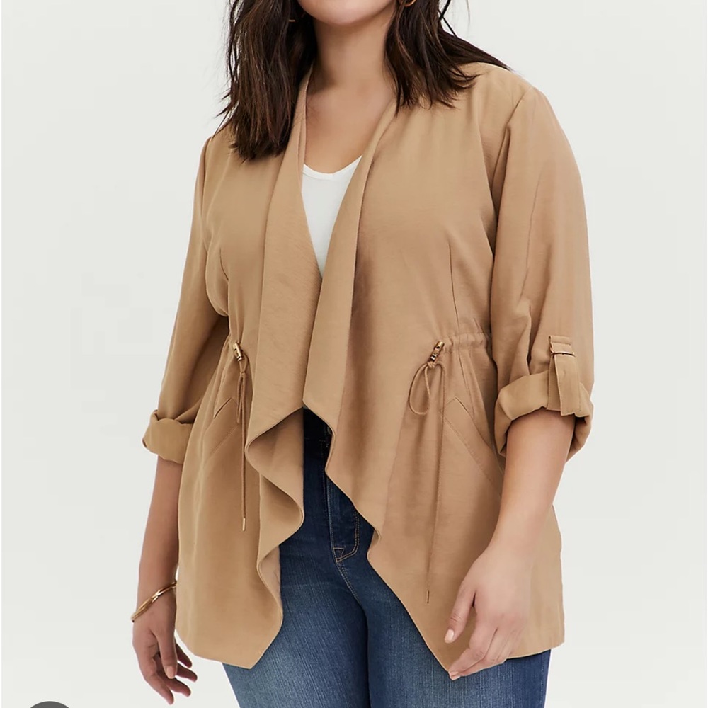 Torrid Plus‎ Size 2X Tan Twill Draped Front Jacket Tab Sleeve Open Front Camel